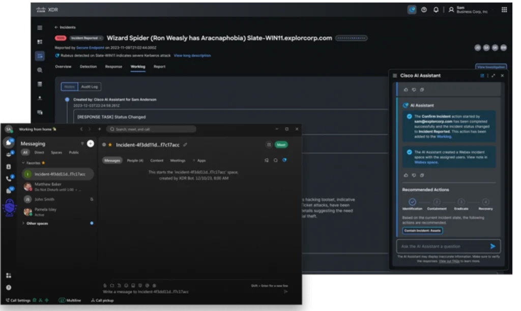 دستیار هوش مصنوعی (AI Assistant) یک اتاق جنگ (WAR Room) در Webex ایجاد میکند و متخصصان مناسب را برای پاسخ به رخداد گردهم میآورد